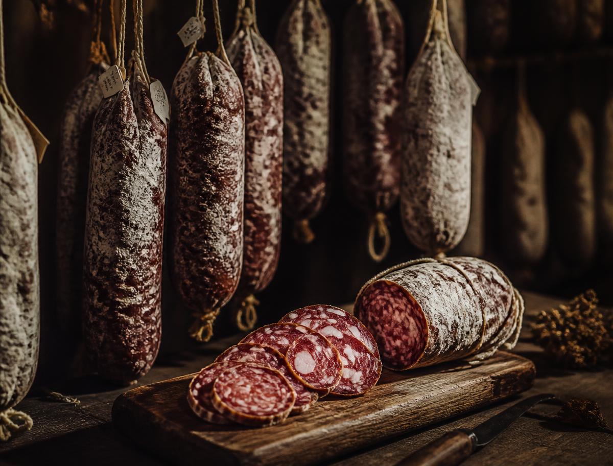 Whole salami hanging on twine in a curing room with sliced rounds on a timber board