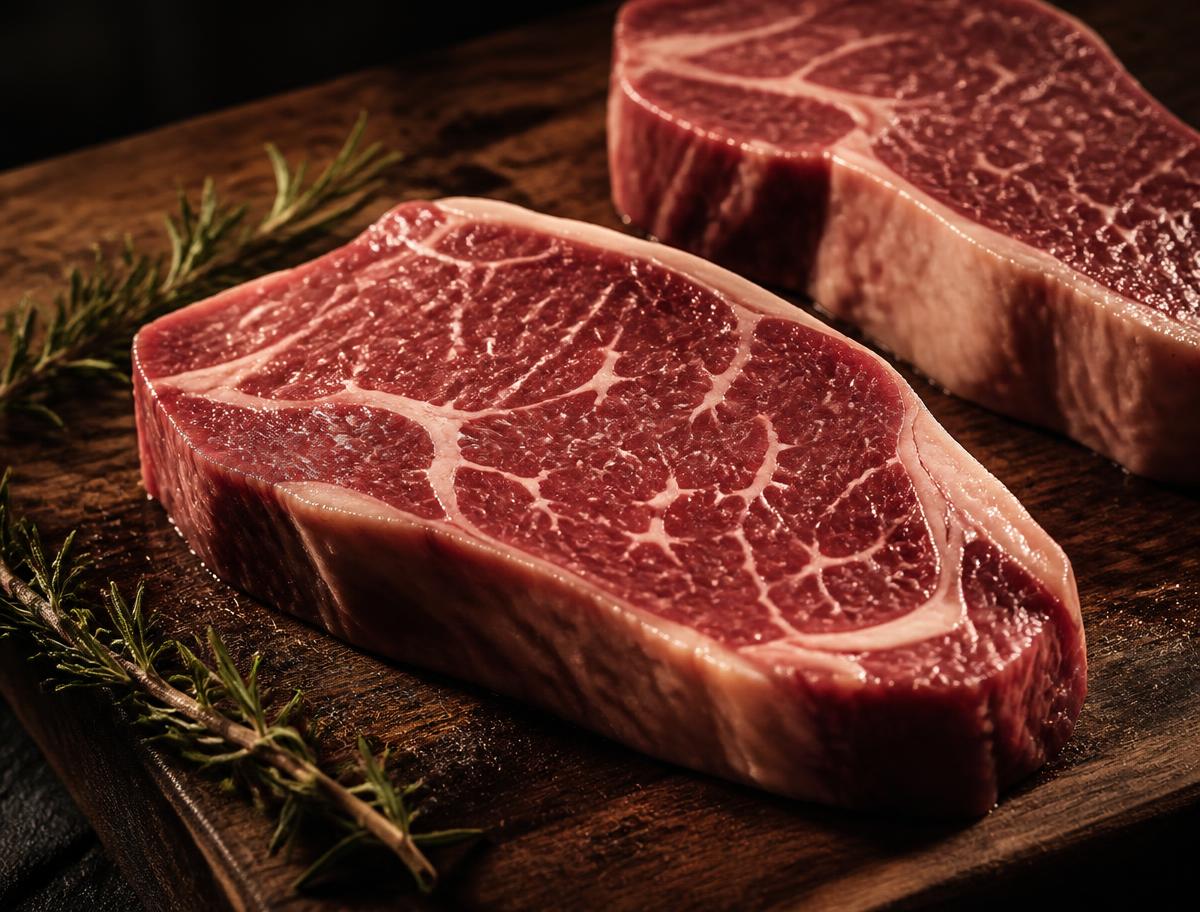 Two thick marbled organic sirloin steaks resting on a dark timber butcher block with rosemary