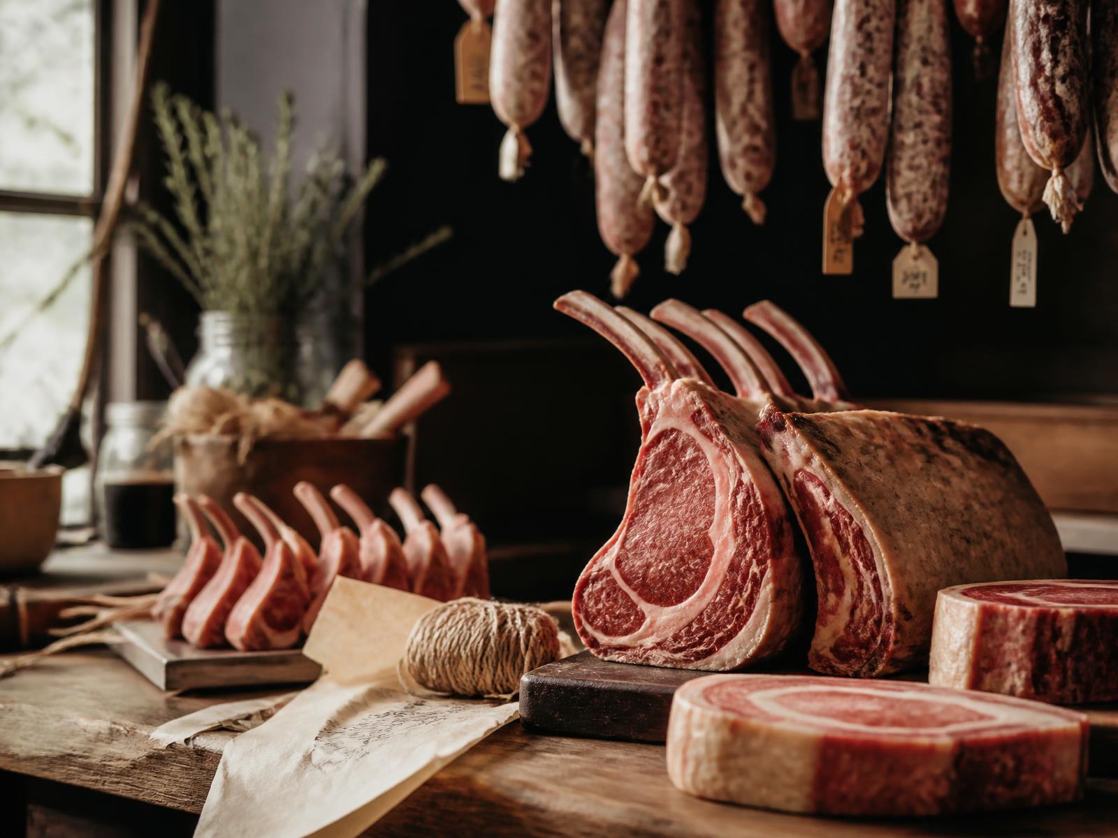 Dry aged organic beef rib, lamb cutlets and hanging house made salami on the counter at GJ's in Parkwood