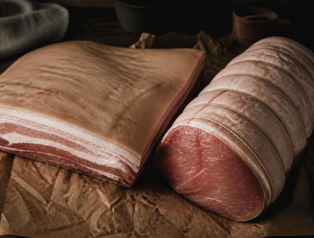 Organic pork belly slab and a hand tied pork loin roast on butcher paper