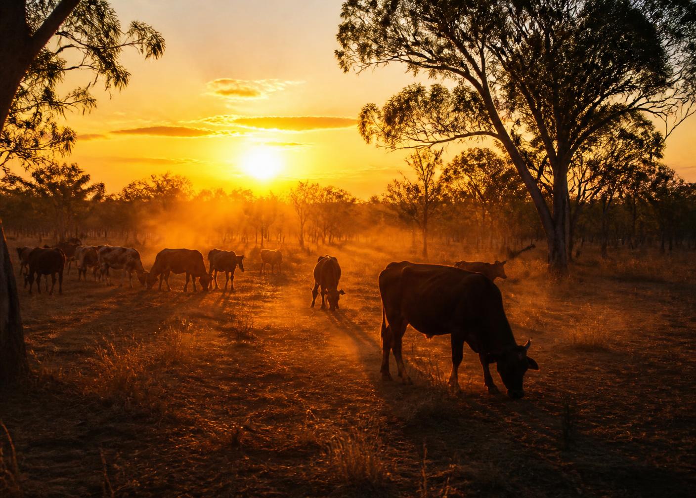 Cattle grazing through dust and low sun on a western Queensland paddock at dusk